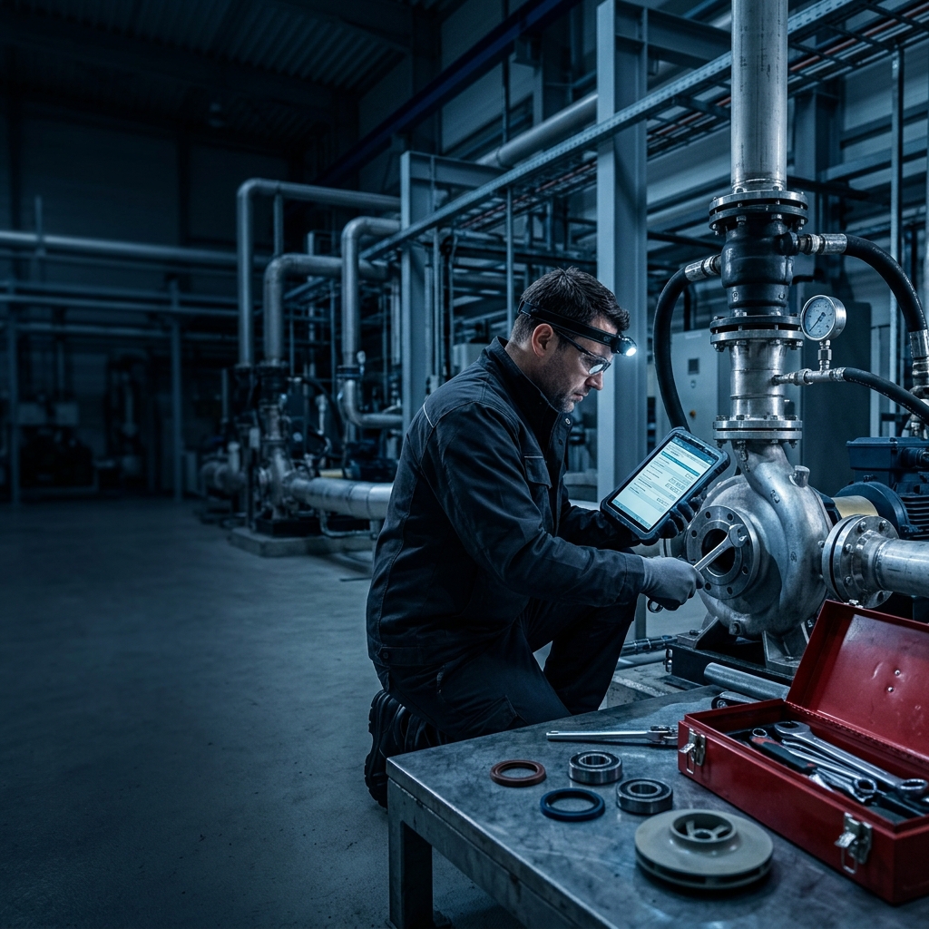 Technicien de maintenance intervenant sur une pompe